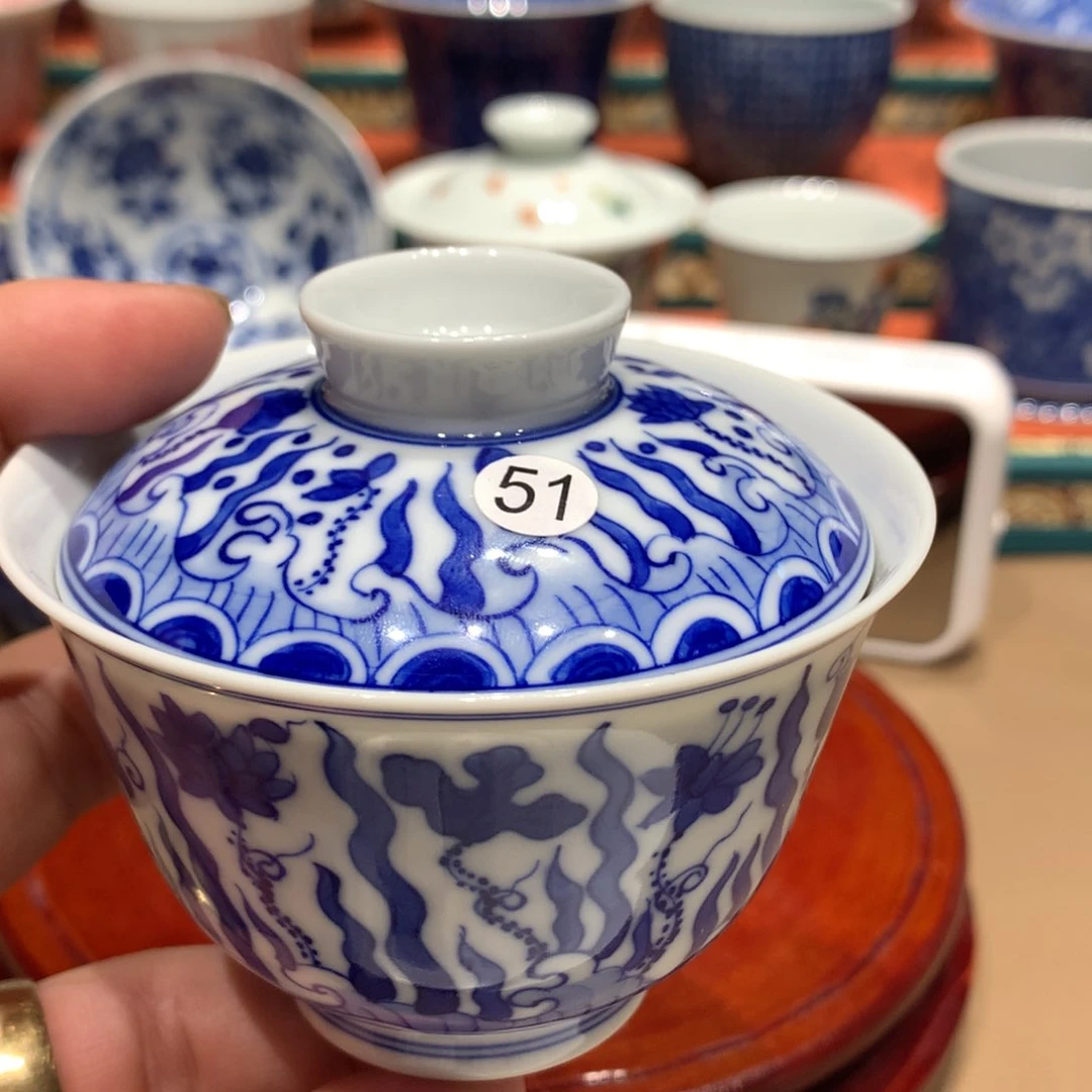 摆件明*51青花鱼藻盖碗一只