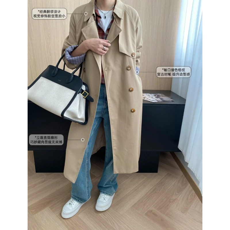 早秋新款高级感英伦风经典双排扣系带中长款风衣外套时尚休闲宽松