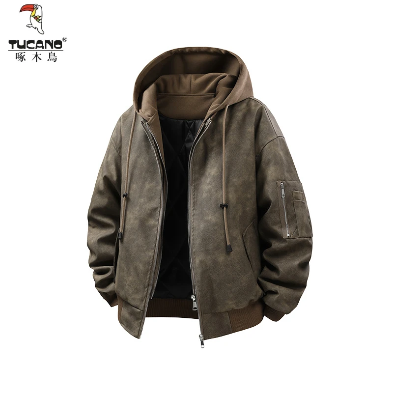 TUCANO/啄木鳥痞帅棉衣男士宽松休闲连帽外套美式高街假两件棉服
