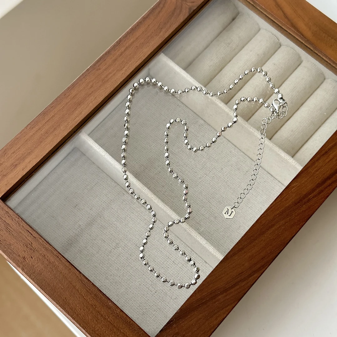 链子925银 ins风时尚简约百搭多棱圆珠车花拼接素链项链 3257