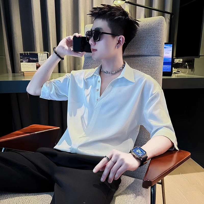 CJZ轻奢痞帅衬衫男士短袖夏季男装2025新款夏装衣服男款V领T恤