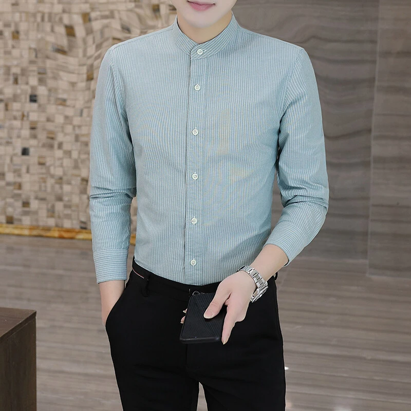 时尚中国风男士长袖棉衬衫条纹立领修身衬衣帅气常规百搭上班寸衫