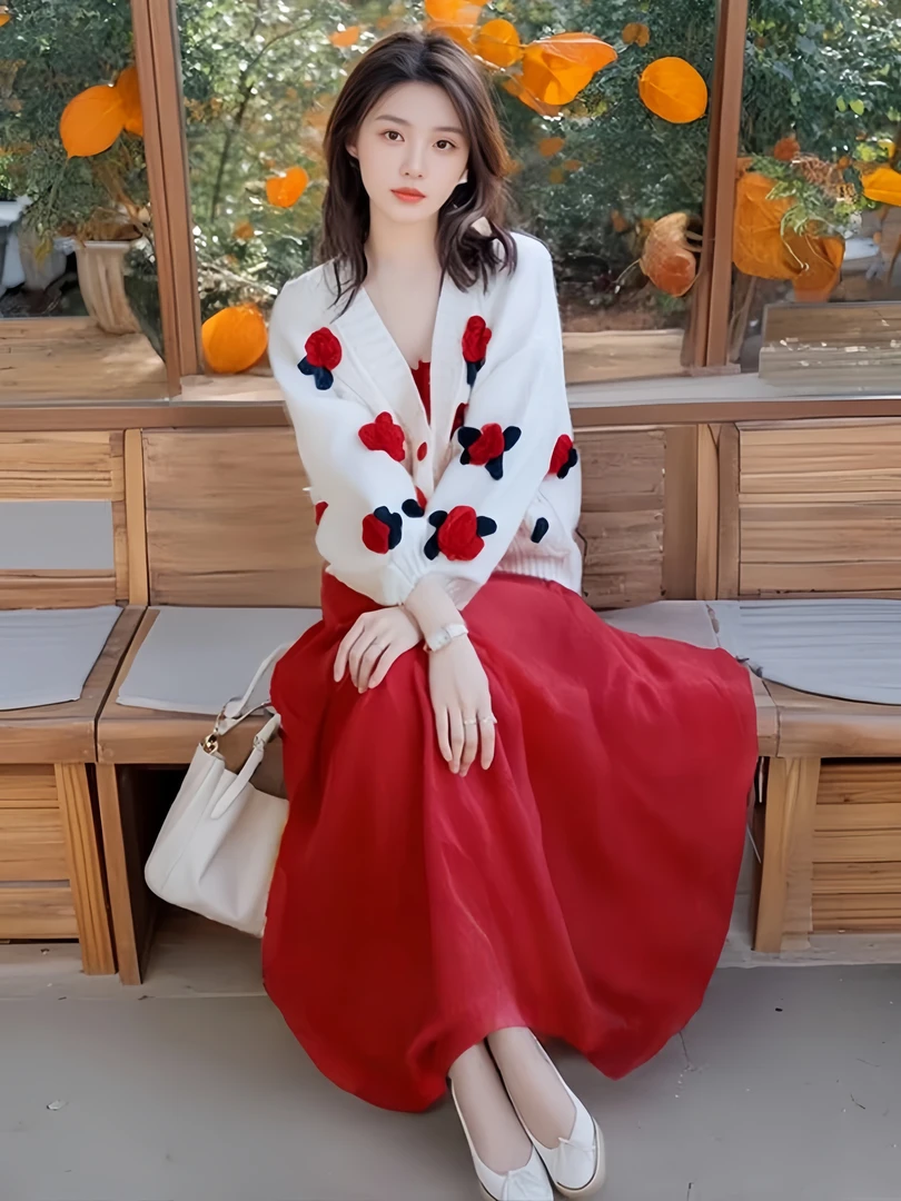 2025春季新款设计感小众白色花朵针织开衫上衣红色半身裙两件套女