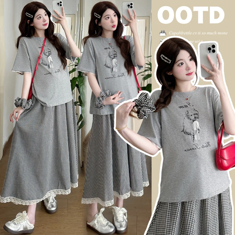 现货孕妇装2025夏季韩系手工立体蝴蝶结拼接蕾丝花边T+格子阔腿裤