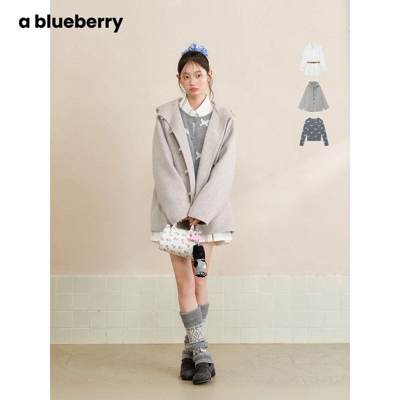 a blueberry 【天才女友】短款连帽大衣女秋冬学院风双面呢外套