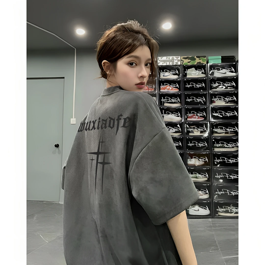 美式复古重磅印花短袖t恤男女情侣休闲痞帅慵懒风男装大码宽松潮