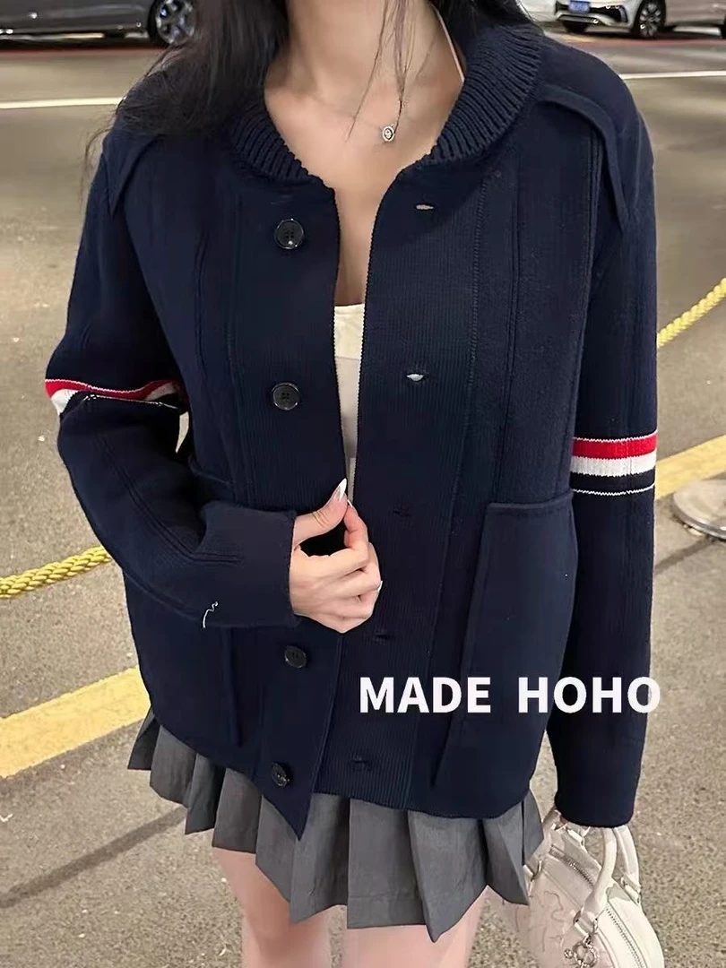 TB天花板秋冬新款经典袖子红白蓝织带针织纯棉厚外套短款男女百搭
