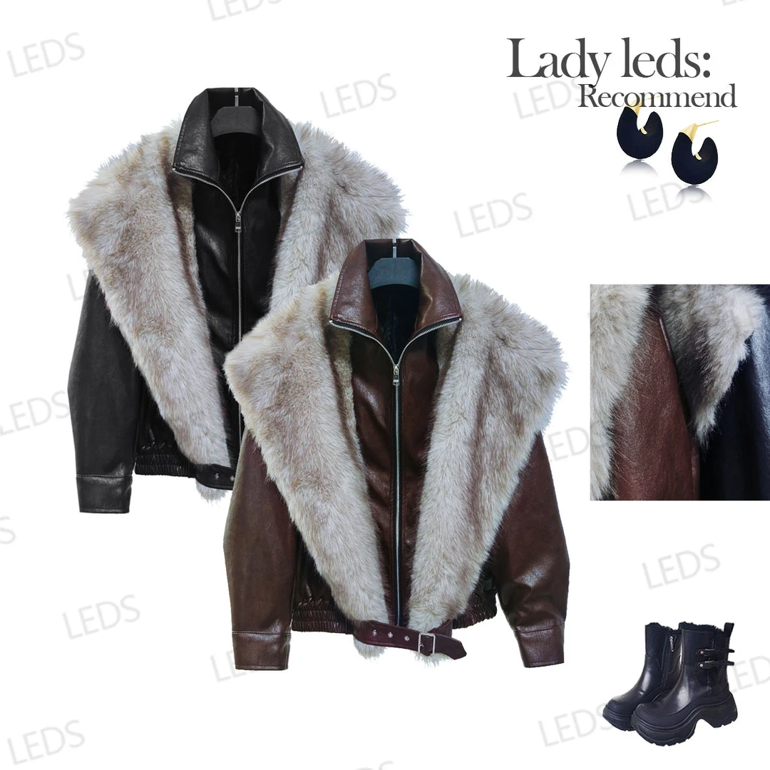 LEDS 28389【高级感时髦精】大毛领加厚皮毛拉链短外套女款