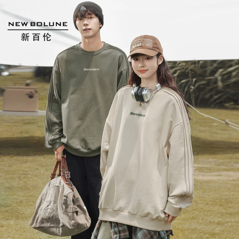 新百伦春季美式重磅拼接情侣款卫衣潮流圆领套头百搭休闲上衣