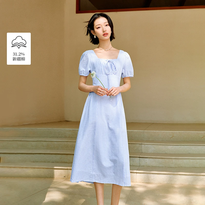 【毛毛专属】茵曼夏季法式条纹方领蓝色连衣裙女收腰显瘦短袖裙子