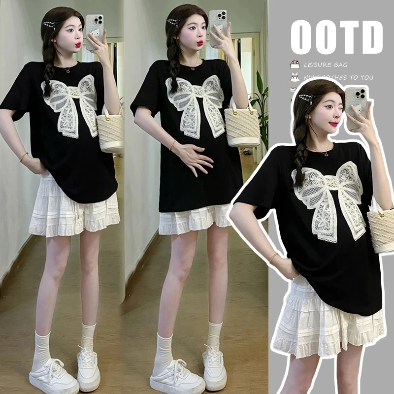 孕妇装夏装2025新款时尚款韩版短袖T恤宽松上衣蝴蝶结半身裙裤裙