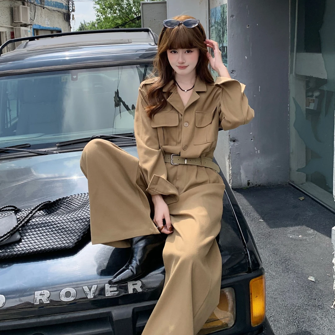 秋冬新款磨毛呢子连体裤松弛感气质老钱风收腰西装翻领高腰直筒裤