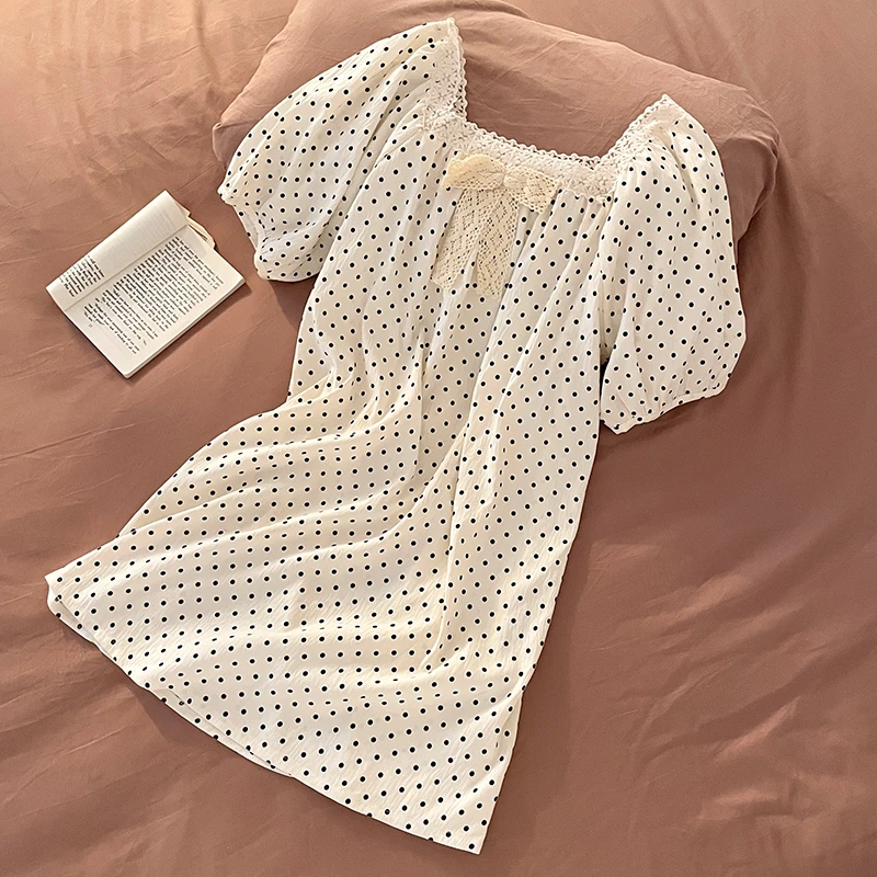 夏季新款爆款轻奢风宽松休闲居家舒适波点时尚洋气蕾丝女睡裙睡衣