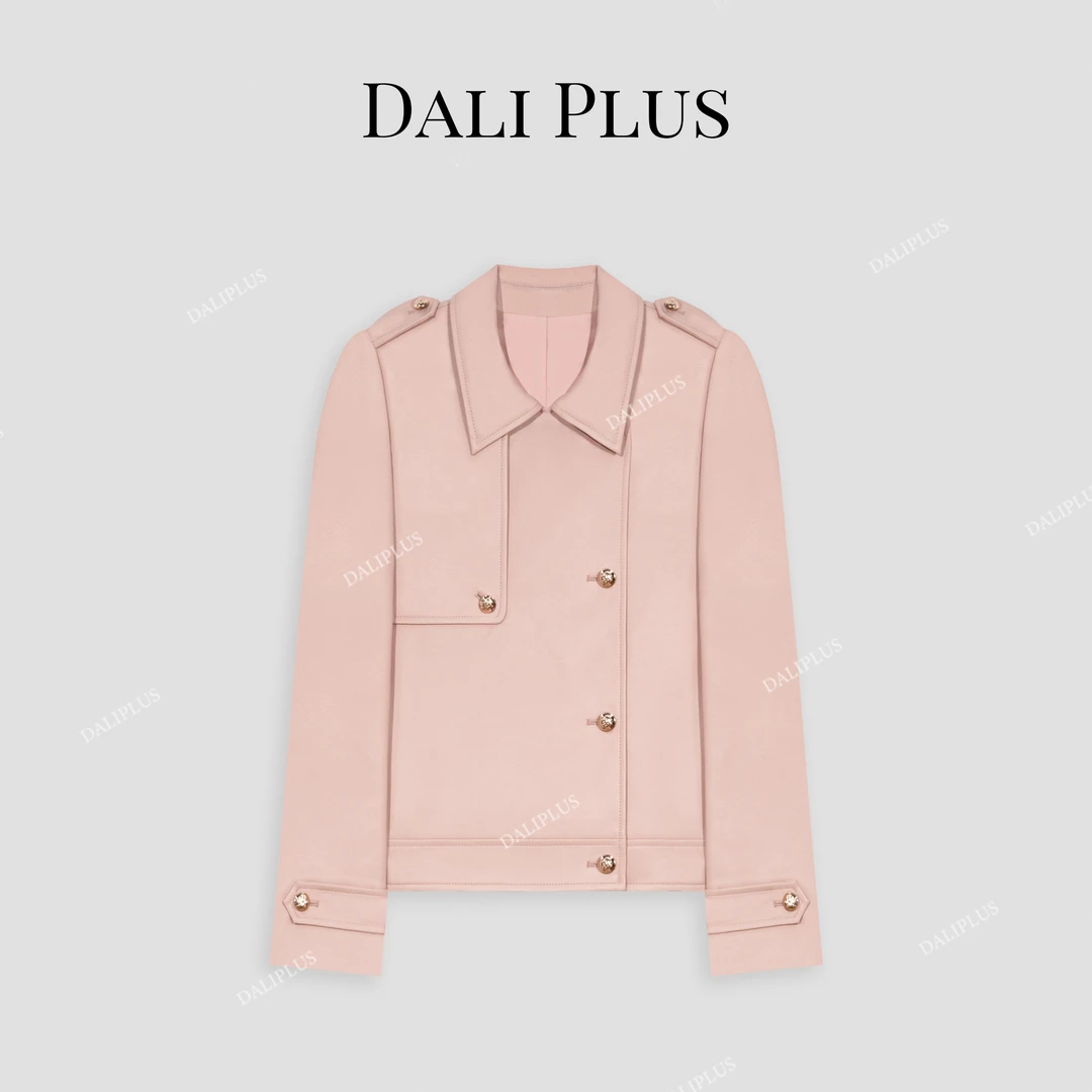 DALI PLUS时髦粉色撞色双襟肩章设计皮衣女外套-D4SC0009