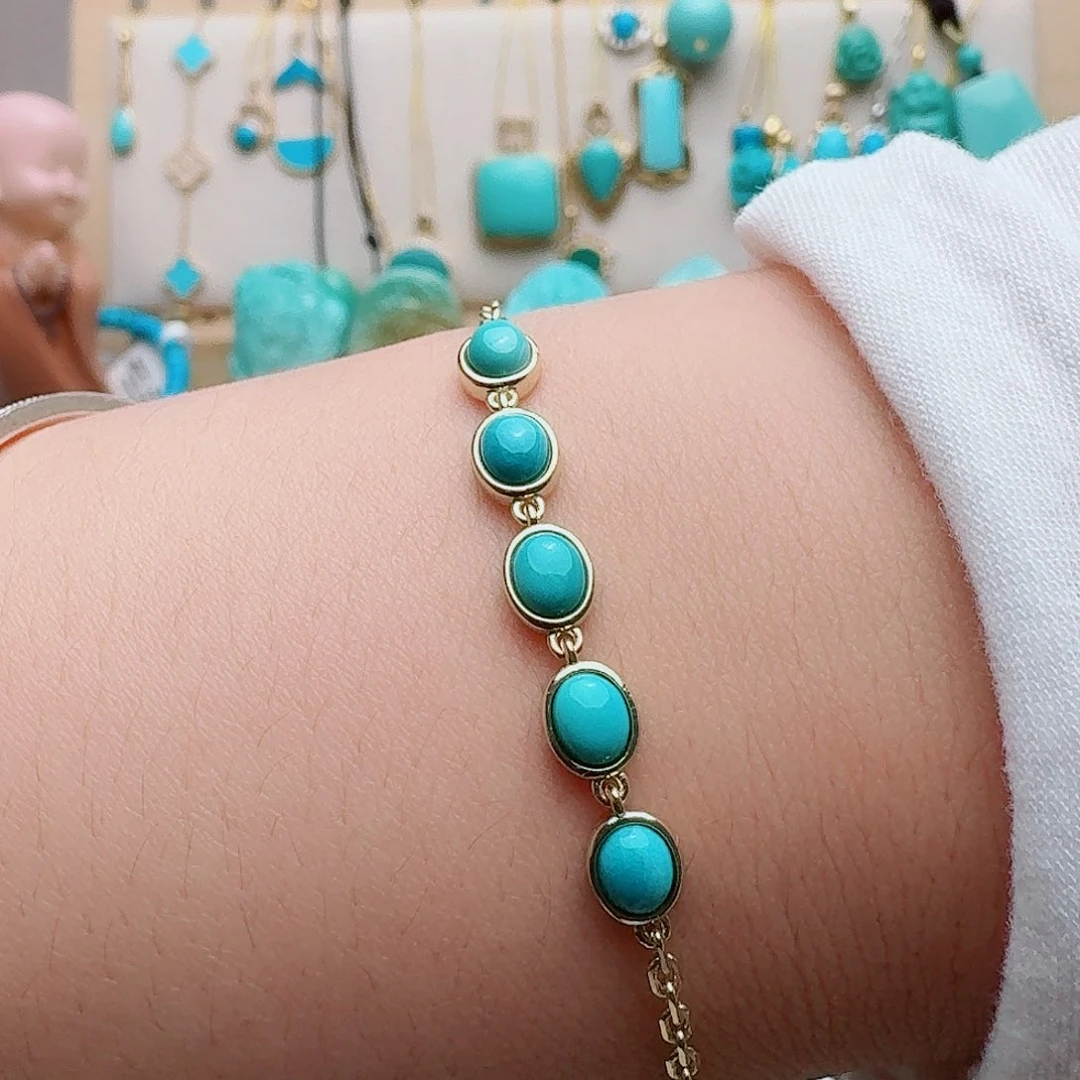 绿松石银S925镀金镶嵌五福临门手链