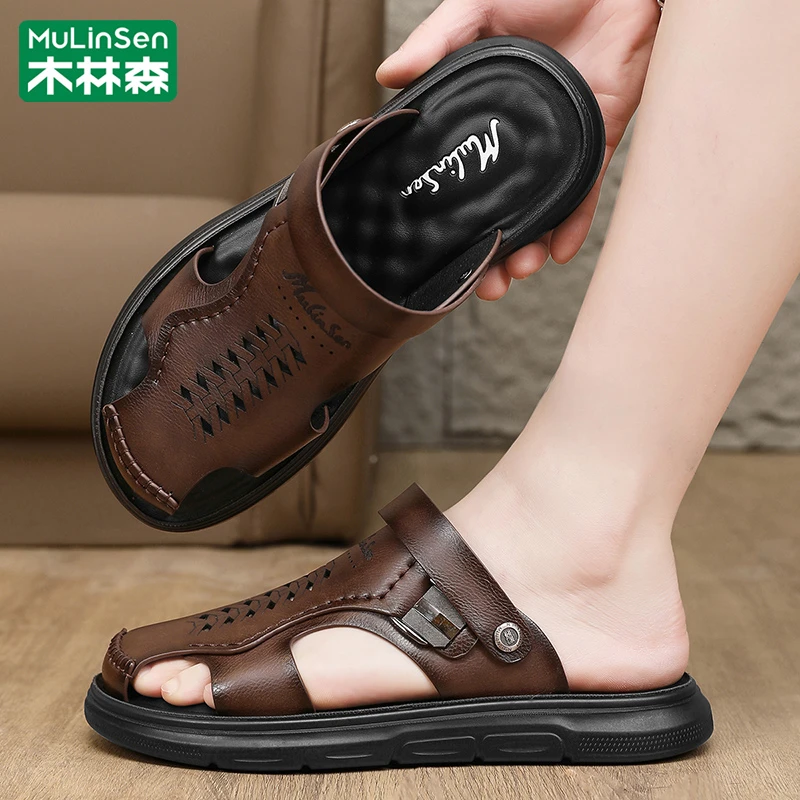 木林森包头拖男款夏季新款透气户外防滑软底两用外穿爸爸洞洞拖鞋