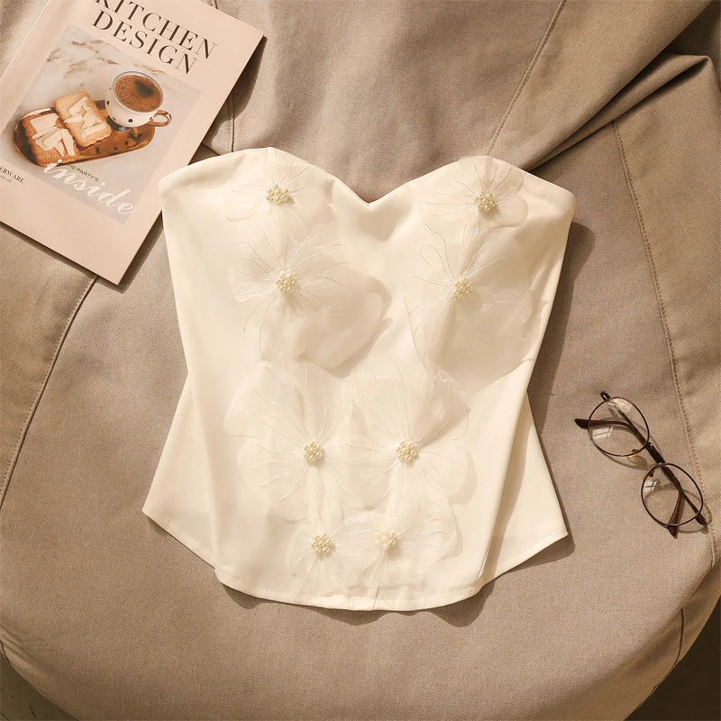 辣妹重工立体花朵刺绣鱼骨抹胸吊带背心女夏季新款带胸垫美背上衣