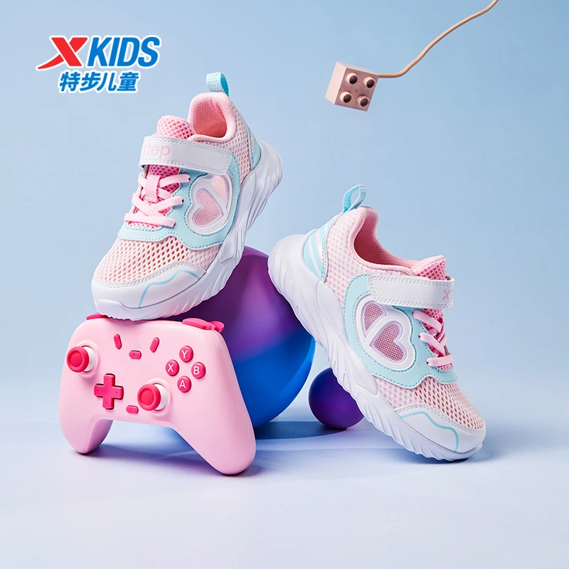 特步儿童冬季大网跑鞋女童轻便舒适魔术贴透气框子鞋675214119130