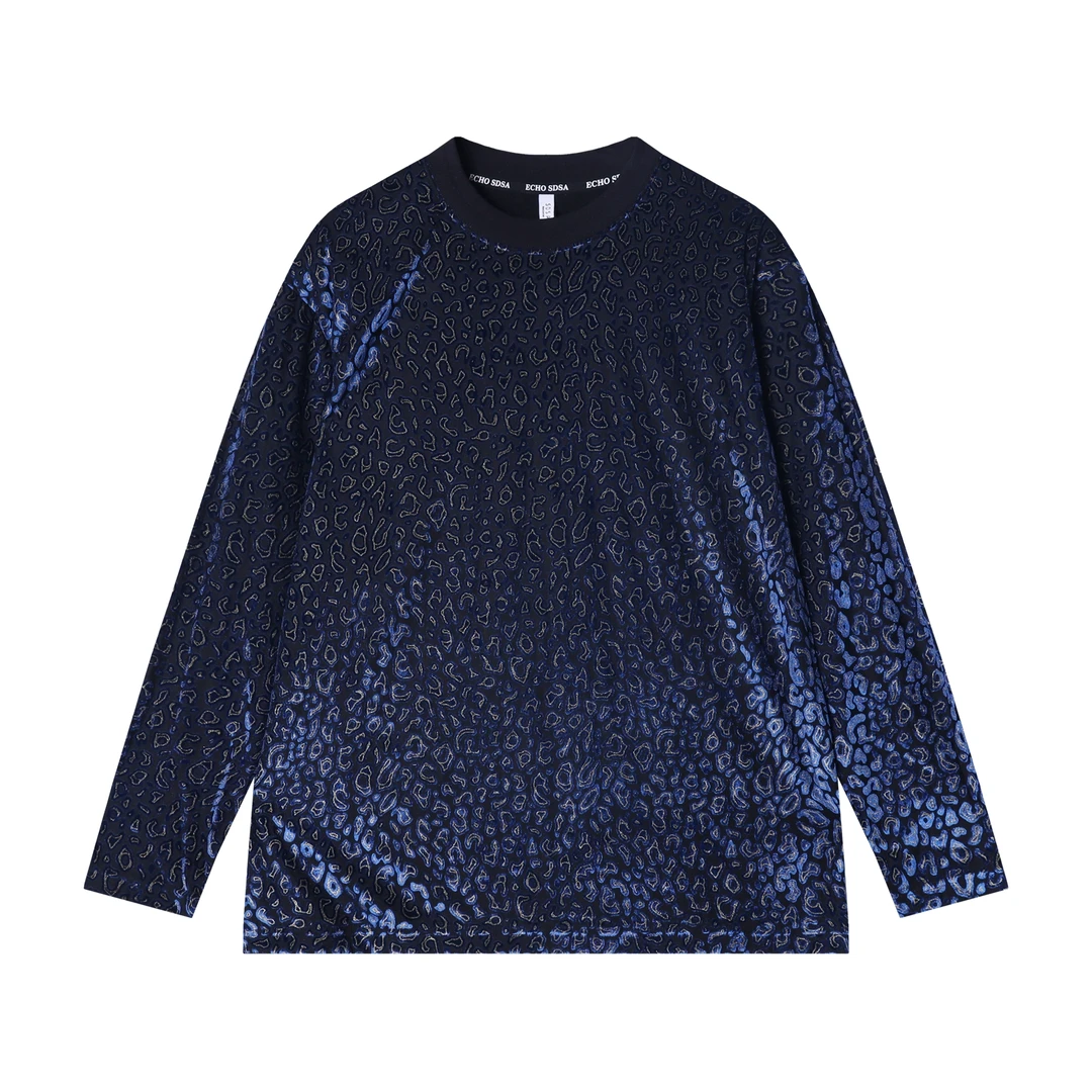 T2588夏季高级感新款韩版撞色提花圆领长袖T恤小众设计满印上衣