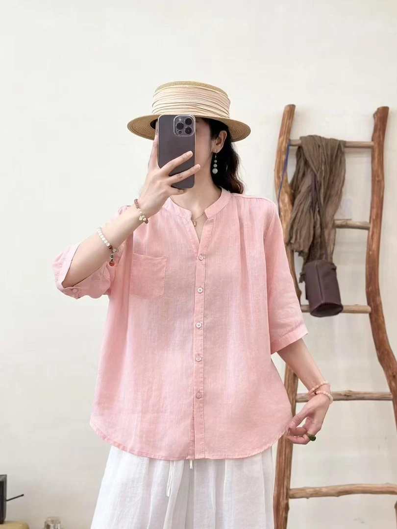 [清凉夏日]100%纯苎麻42支V领纯色衬衫半开领七分袖女装文艺夏季