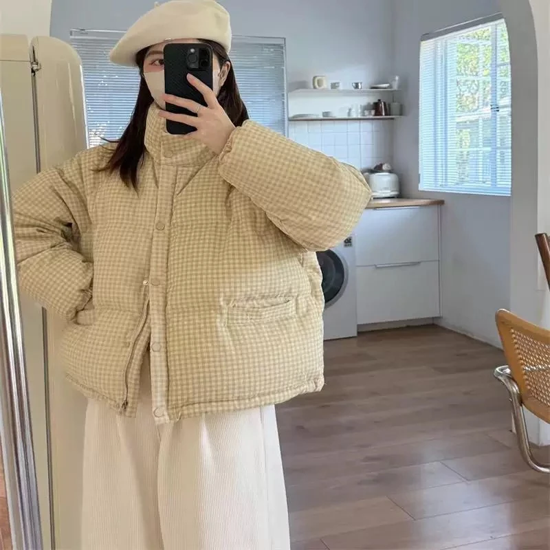 J1720-2 【奶黄包】 秋冬新款小个子短款格子单排扣棉衣外套