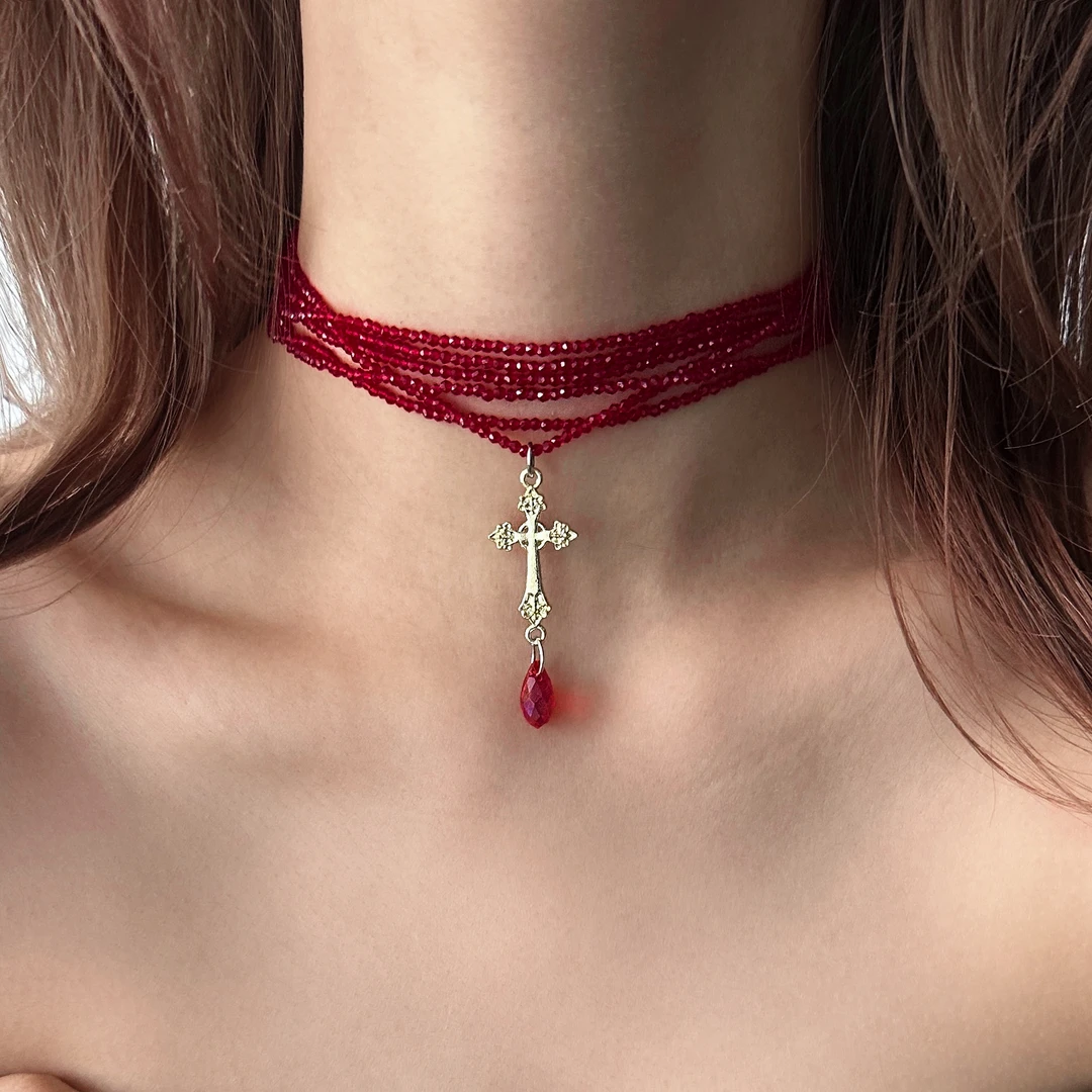 合金亚克力项链 X5416-1时尚个性小众潮流美式红色链条十字架项链