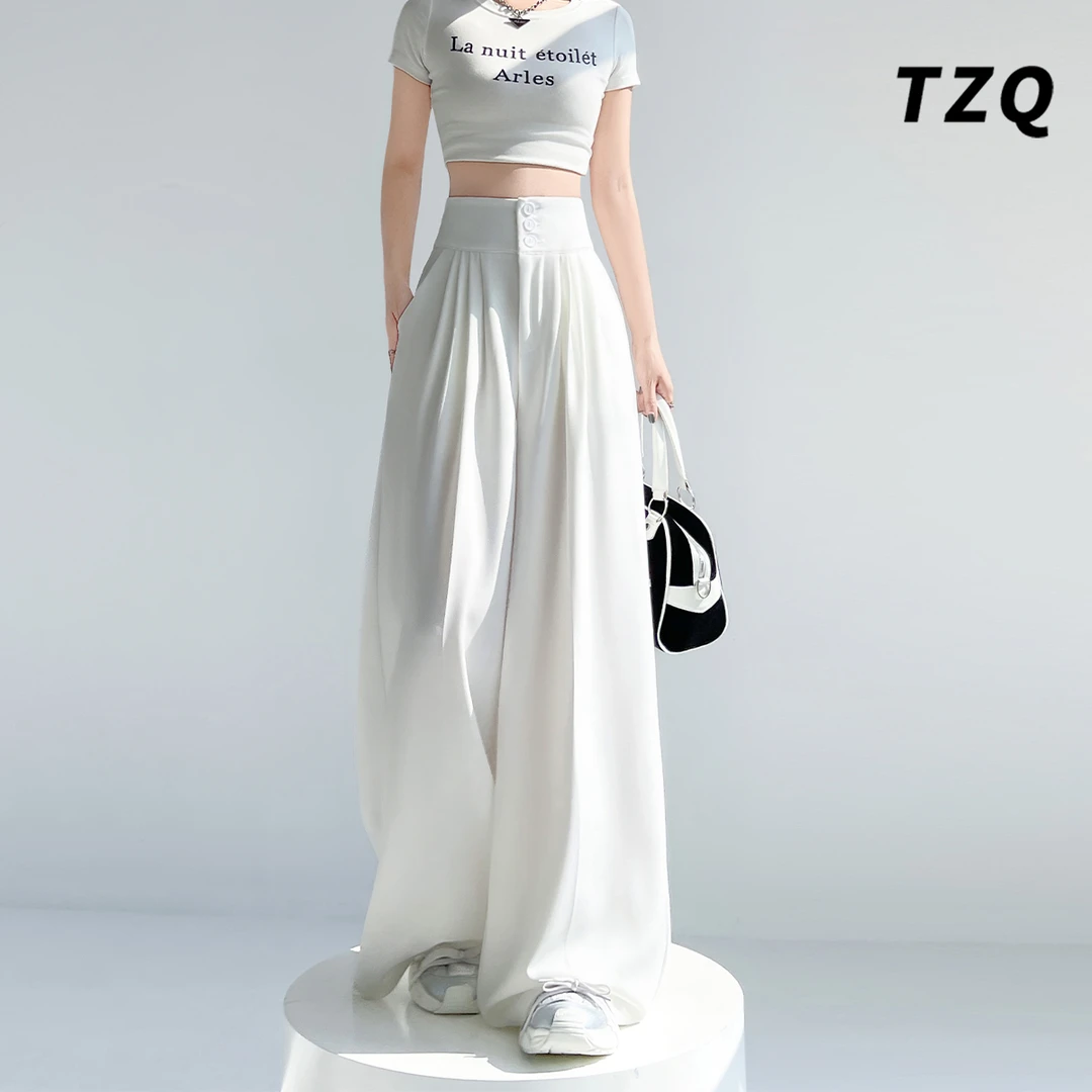 高级感冰丝西装裤女秋季薄款高腰显瘦宽松垂感阔腿裤裙TZQ2550629