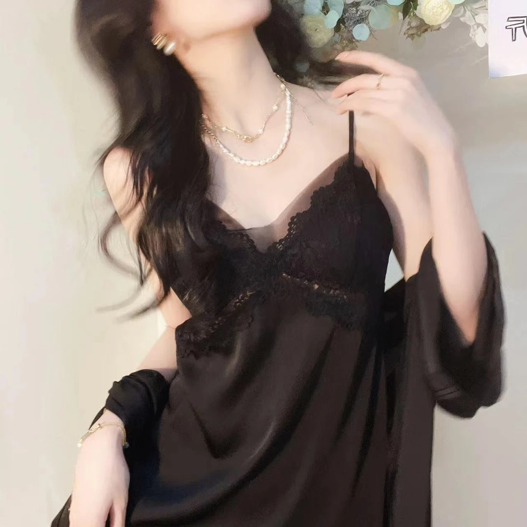 纯色蕾丝冰丝吊带睡裙夏季新款性感居家背网纱家居服薄款纯欲睡衣