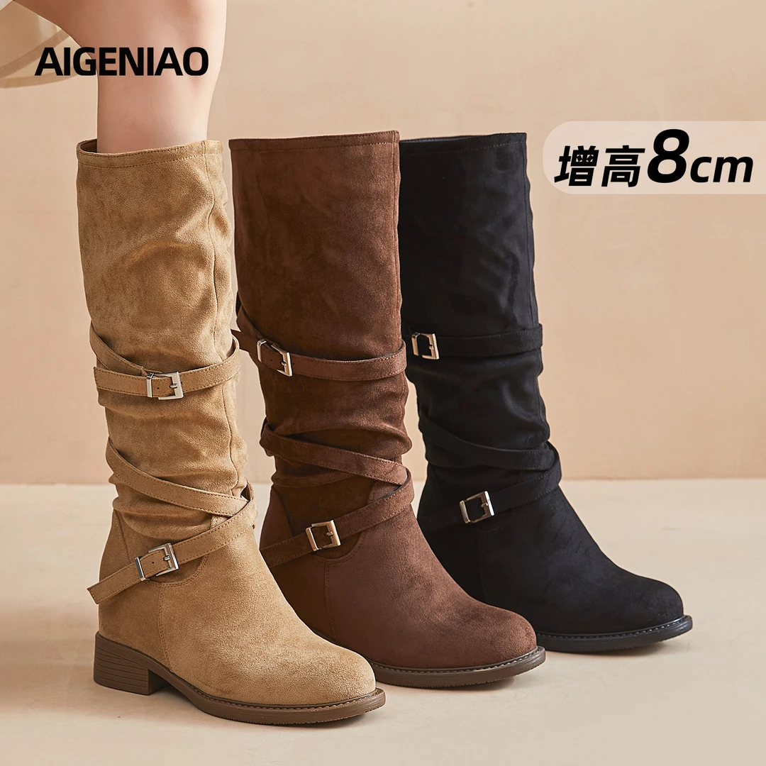 8cm不过膝长靴女秋冬新款粗跟堆堆靴厚底内增高高筒马丁靴