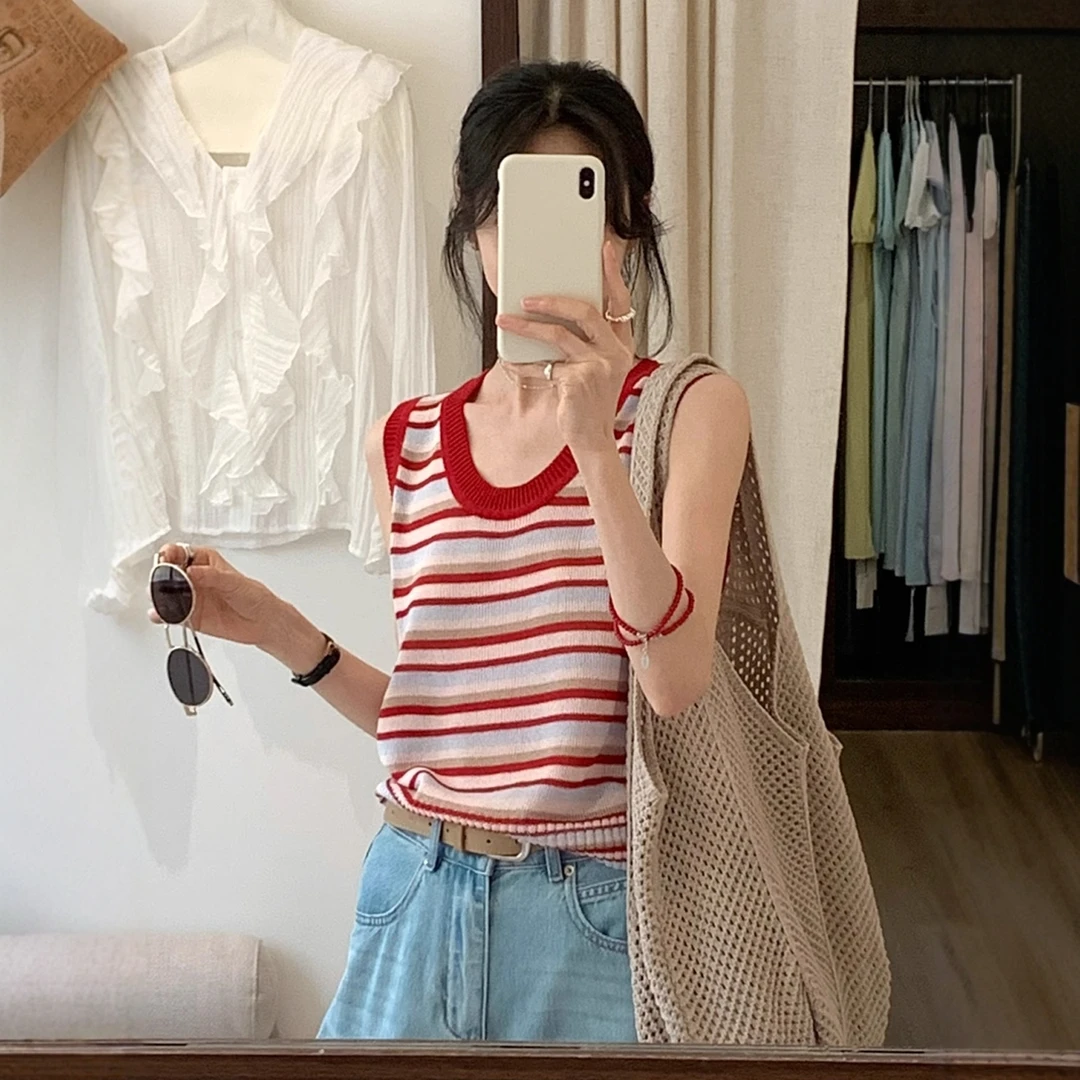 冰丝撞色条纹针织吊带背心女外穿薄款夏季u领设计感小众无袖上衣