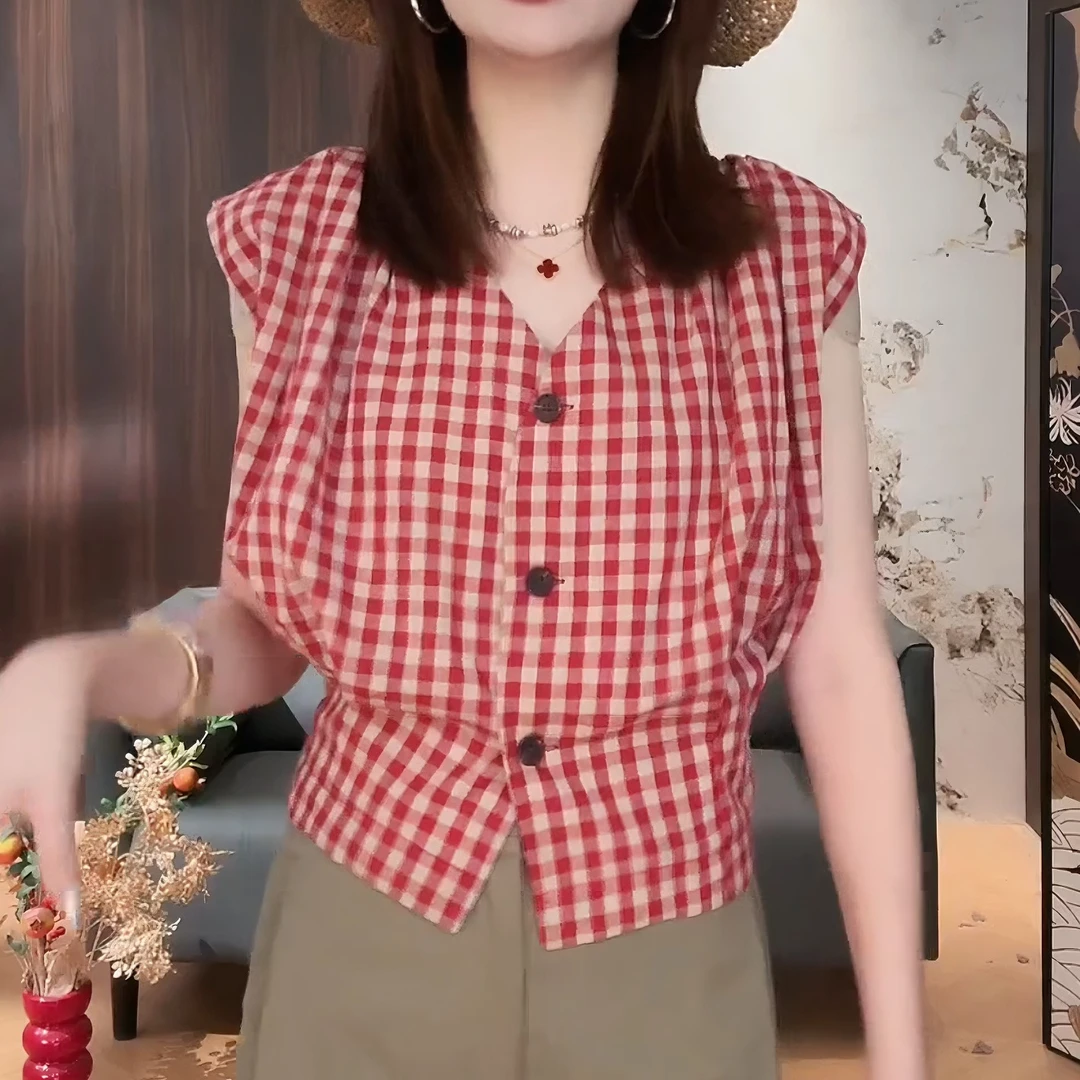 （超显白）夏季2025新款格子高级感无袖T时尚短袖衬衫女LK2503537