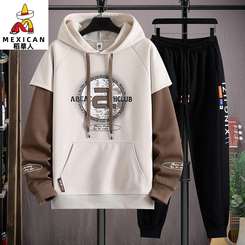 稻草人春秋季假两件卫衣休闲运动套装宽松青少年套搭配帅气连帽衣