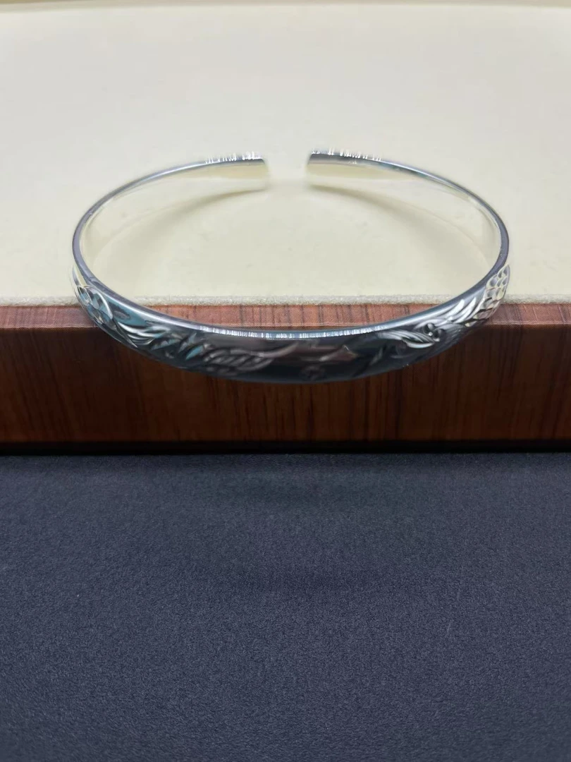 足银手镯 【999银手镯】Y062足银龙凤呈祥光面实心开口镯简约百搭