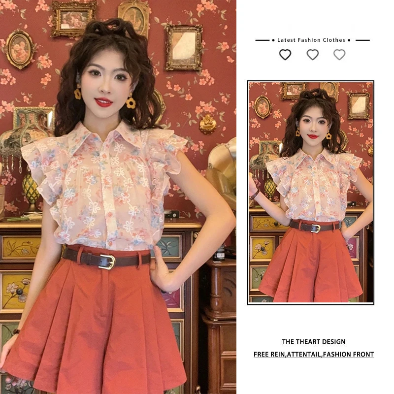 夏季穿搭一整套女2025新款港风复古碎花短袖衬衫气质显瘦复古短裙