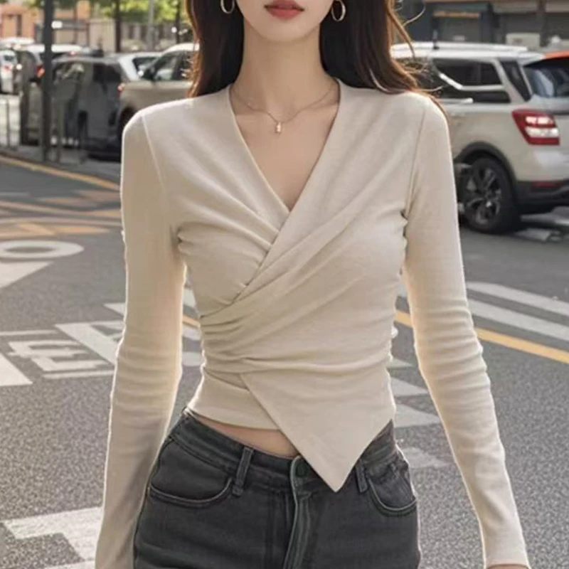 辣妹领上衣秋季新款高级感气质修身不规则褶皱设计长袖打底衫女