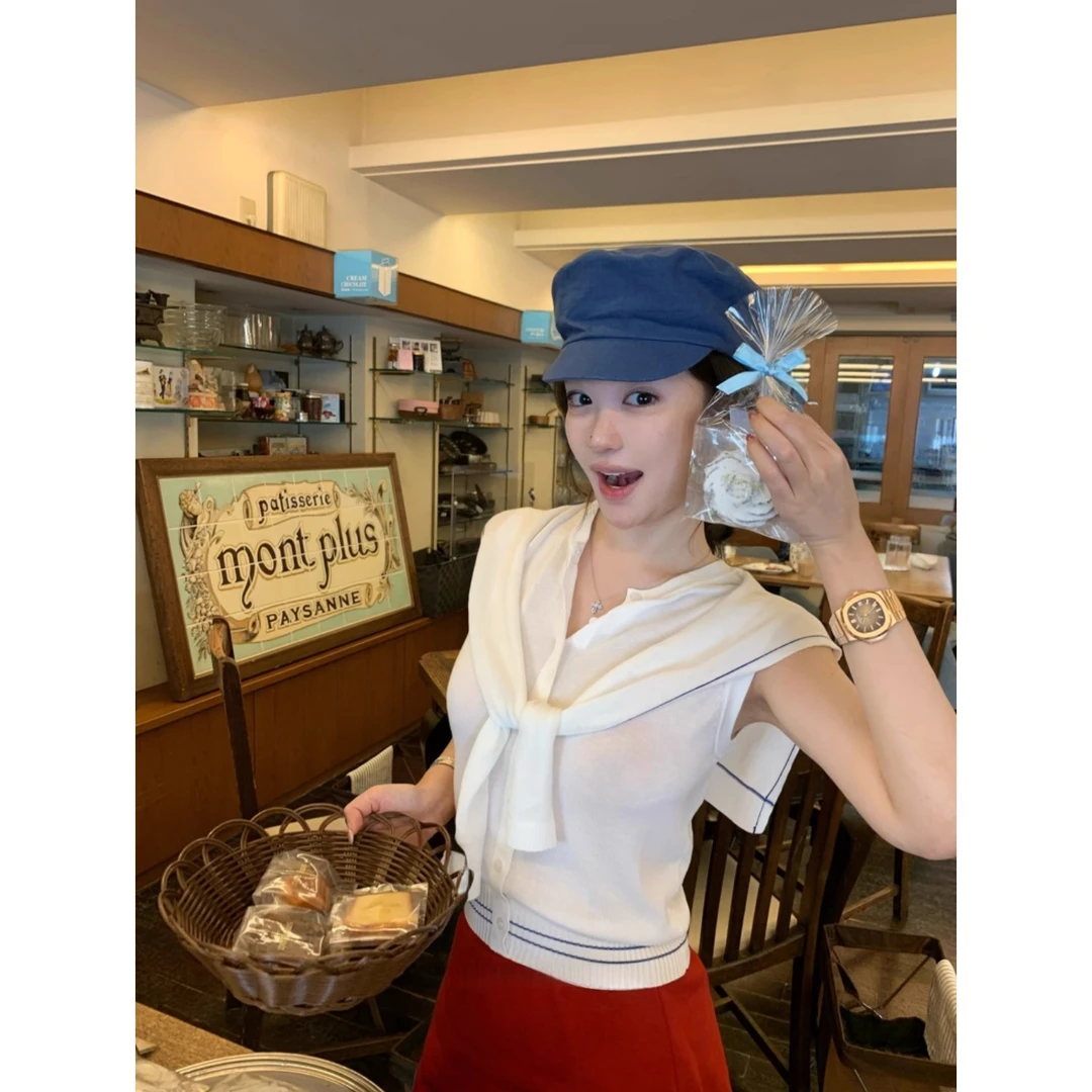 挚爱海军领100%莱赛尔天丝假两件上衣女白色无袖针织衫