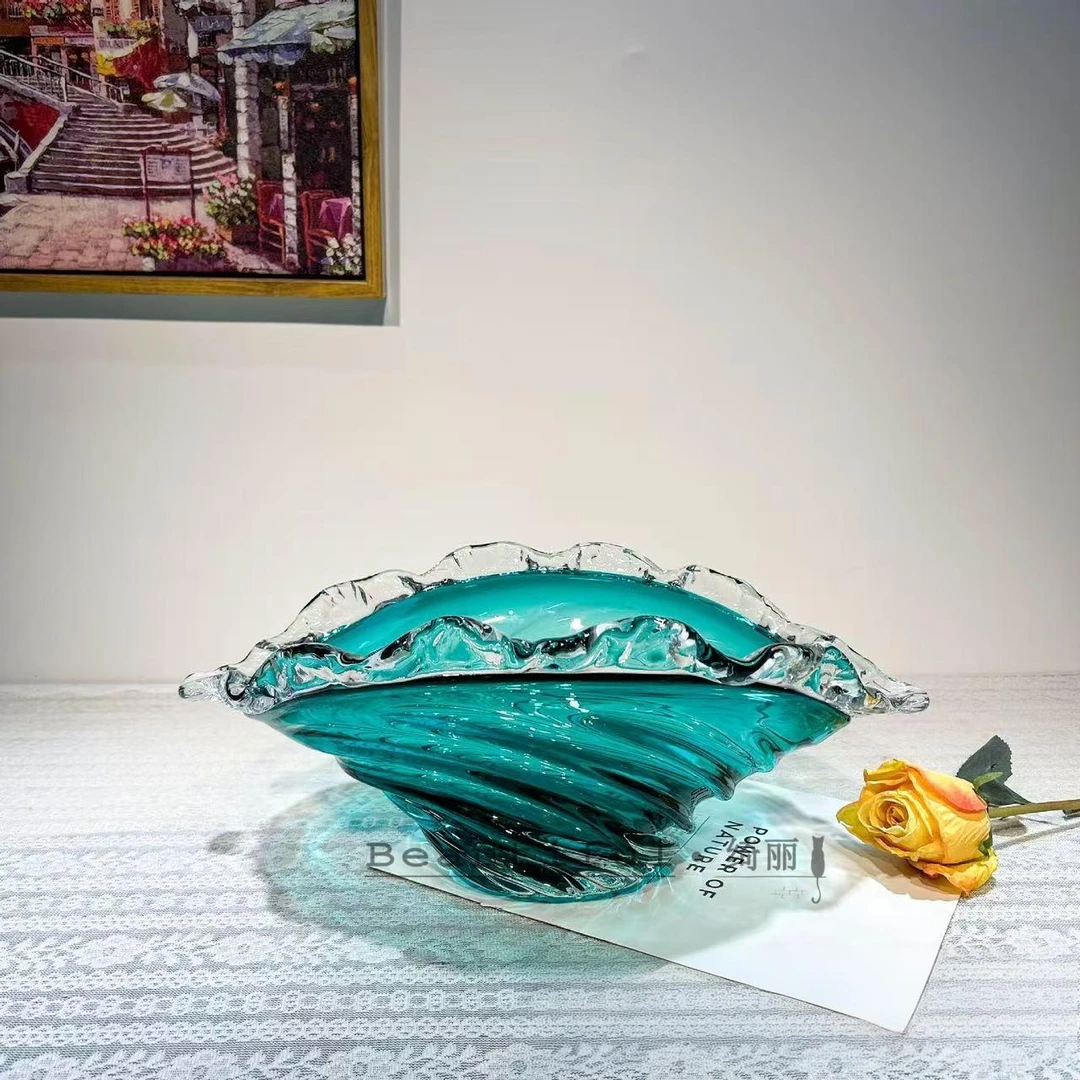 单只-轻奢女王系列摆件蓝色波浪花边琉璃果斗居家客厅桌面水果盘