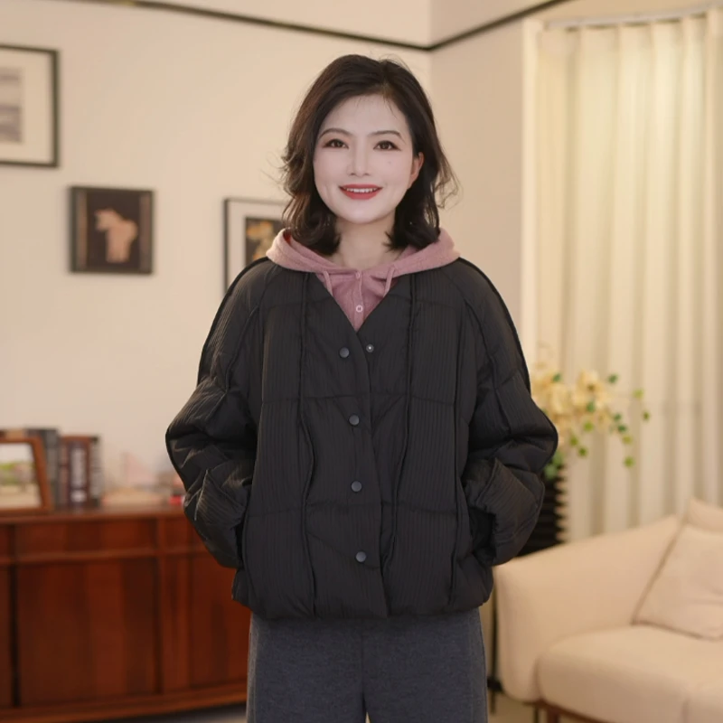枫竺阿楠anan 奇遇光年 白鸭绒V领竖条肌理纹保暖羽绒服外套女冬