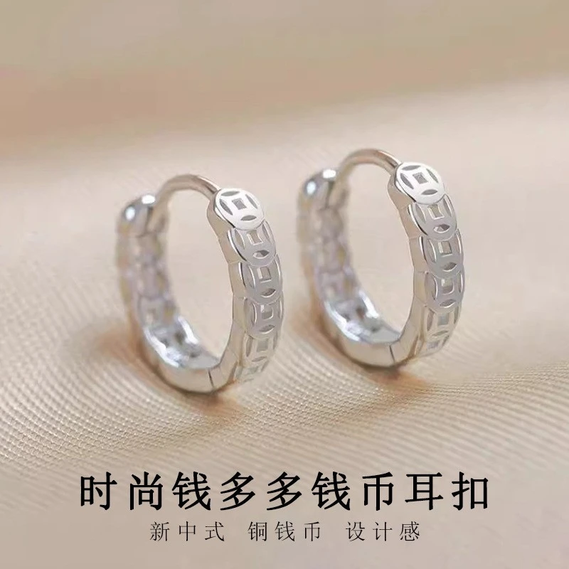 足银耳饰纯银999钱多多耳环女复古设计时尚耳扣小众首饰招财耳环