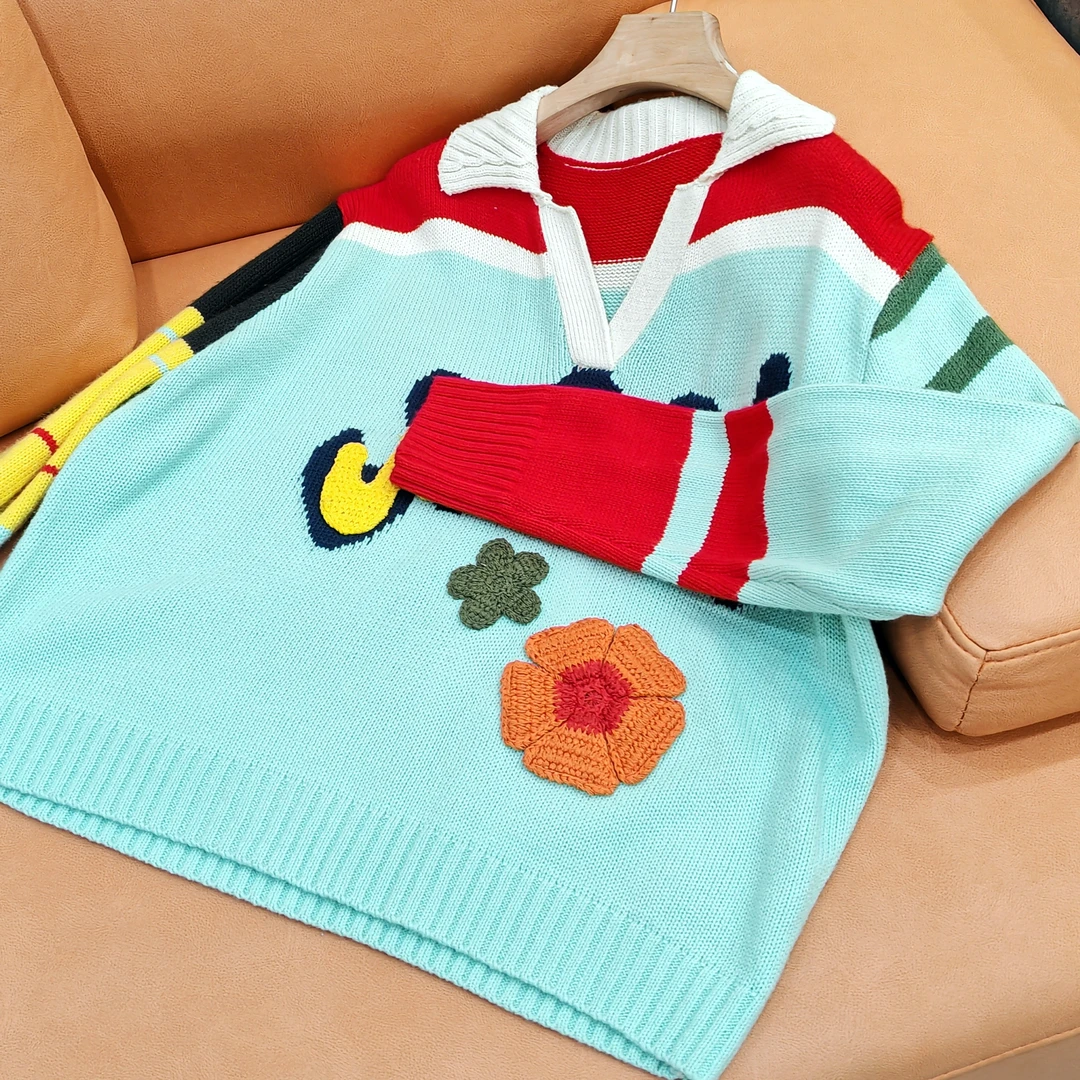 【花期未赴】2025新款撞色针织衫网红时尚百搭减龄宽松秋冬上衣