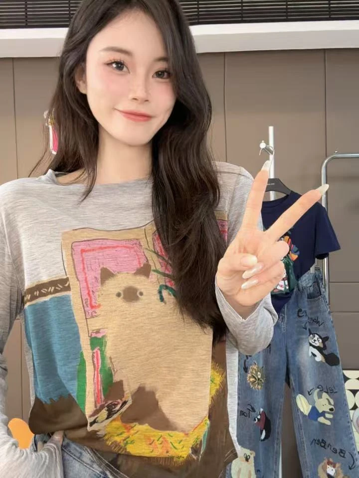 【壁画上的猫】夏季凉感莱赛尔猫咪防晒衫女百搭软糯慵懒风长袖T恤