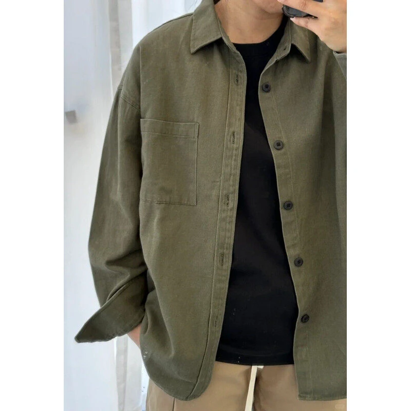 军绿色工装长袖衬衫男夏季潮牌美式复古衬衣宽松纯棉防晒休闲外套