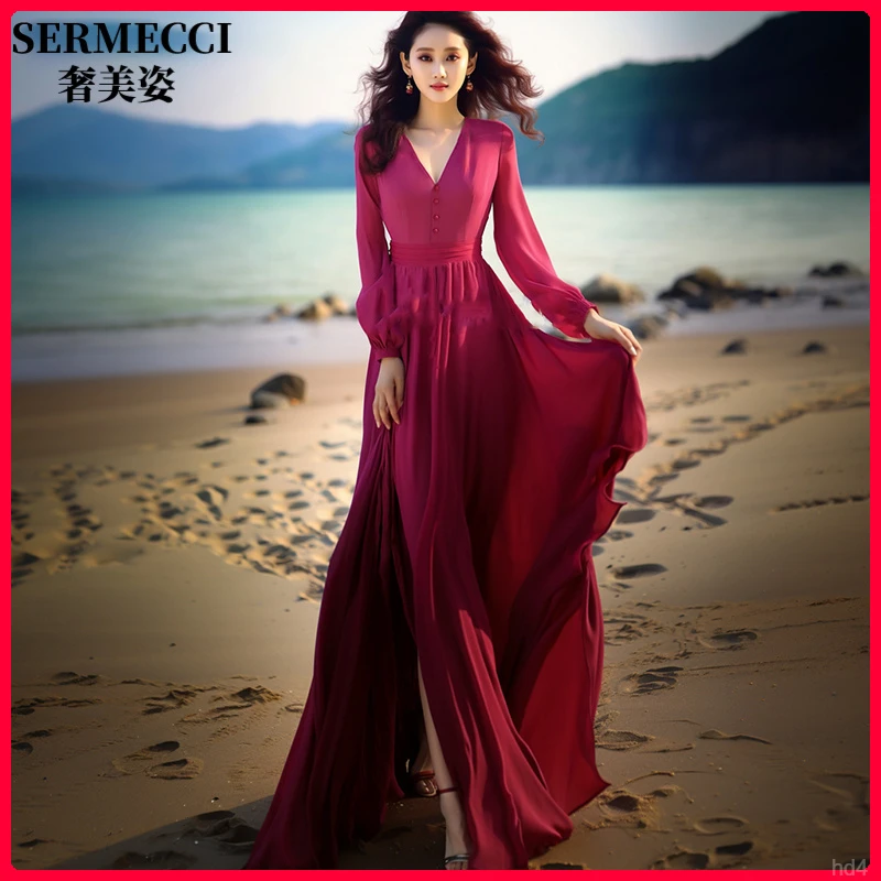 法式收腰显瘦优雅裙子玫红色连衣裙新长款气质海边度假沙滩裙