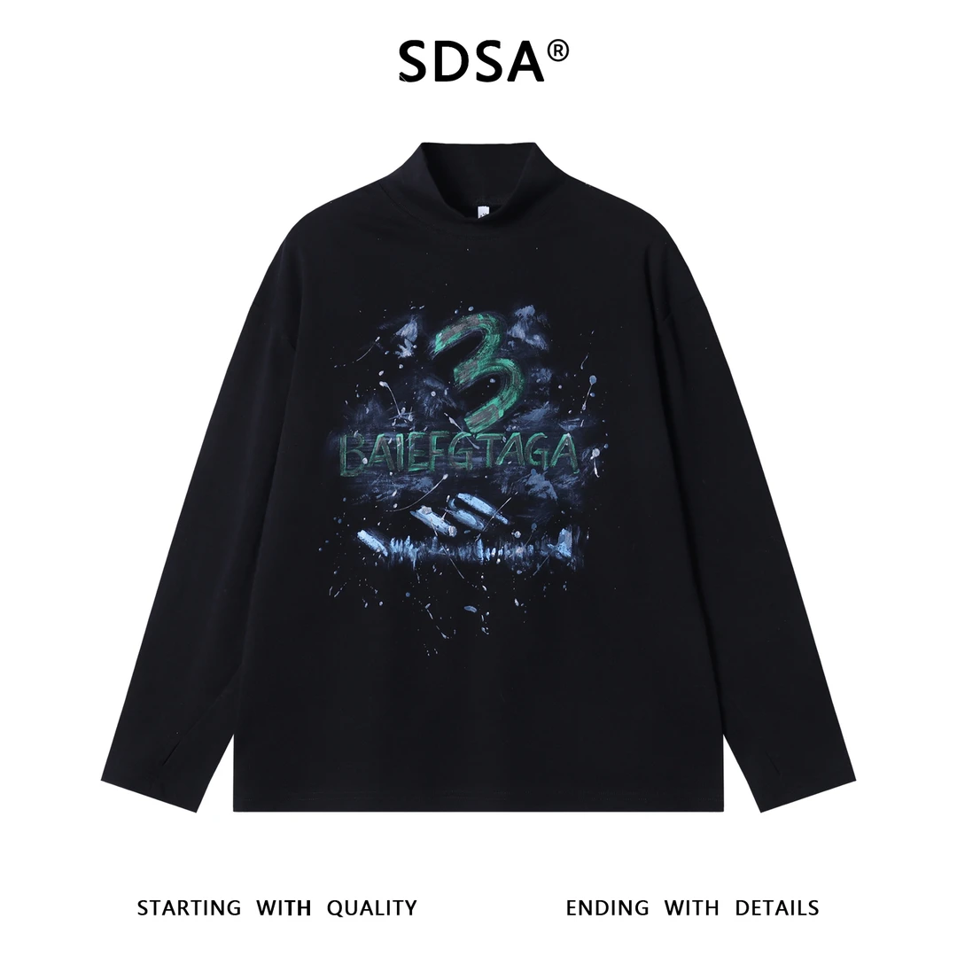 SDSA秋冬新款痞帅男装泼墨手绘字母印花半高领长袖T恤百搭时尚潮