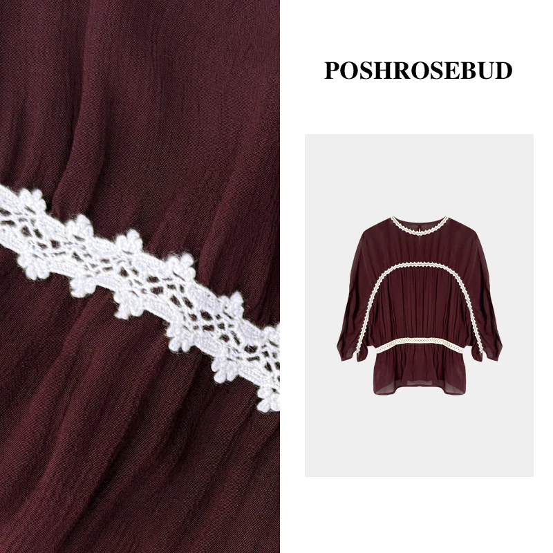 POSHROSEBUD设计师100人丝褶皱钩花拼接圆领气质上衣衫-LT0356