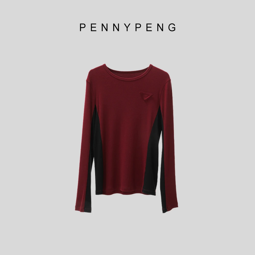 PENNY PENG悦己早春红人气质设计师红黑撞色拼接打底衫DF10005