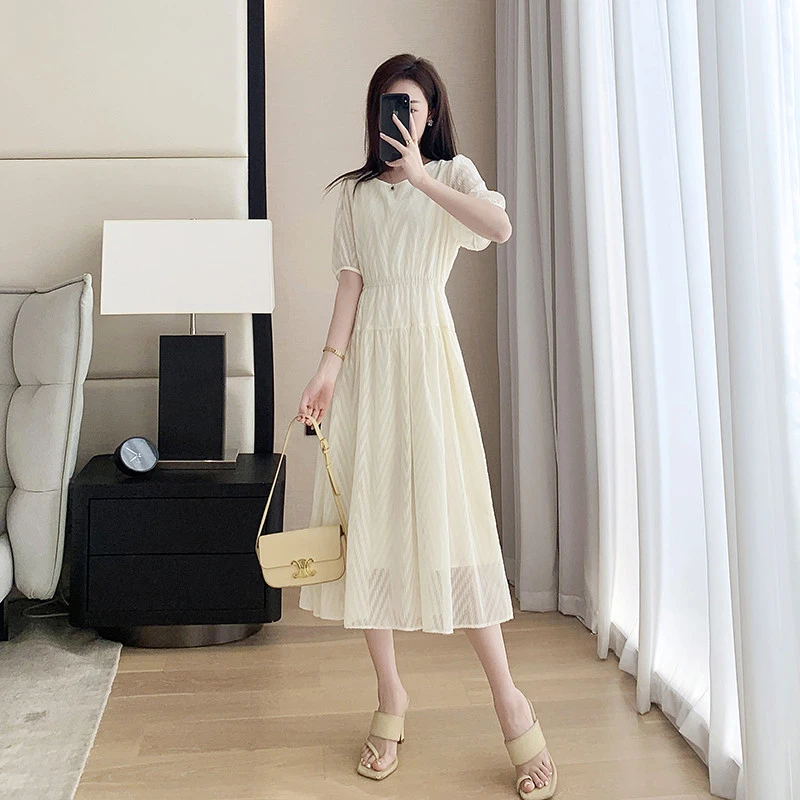 小个子雪纺连衣裙女夏季2025新款优雅圆领修身气质显瘦字裙子女