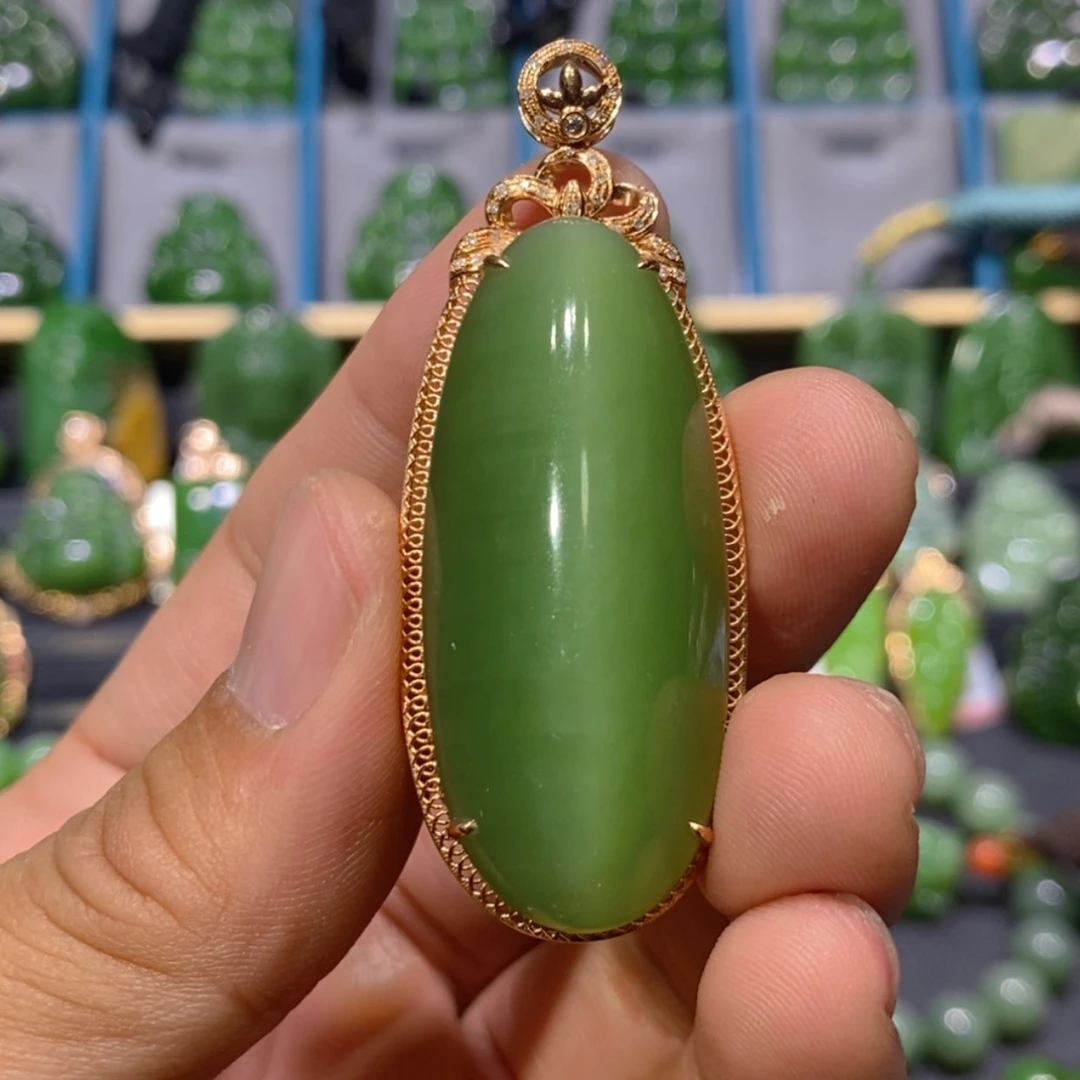 【闪购商品】和田玉吊坠(不含链)18K金镶嵌粉绿猫眼蛋面 45