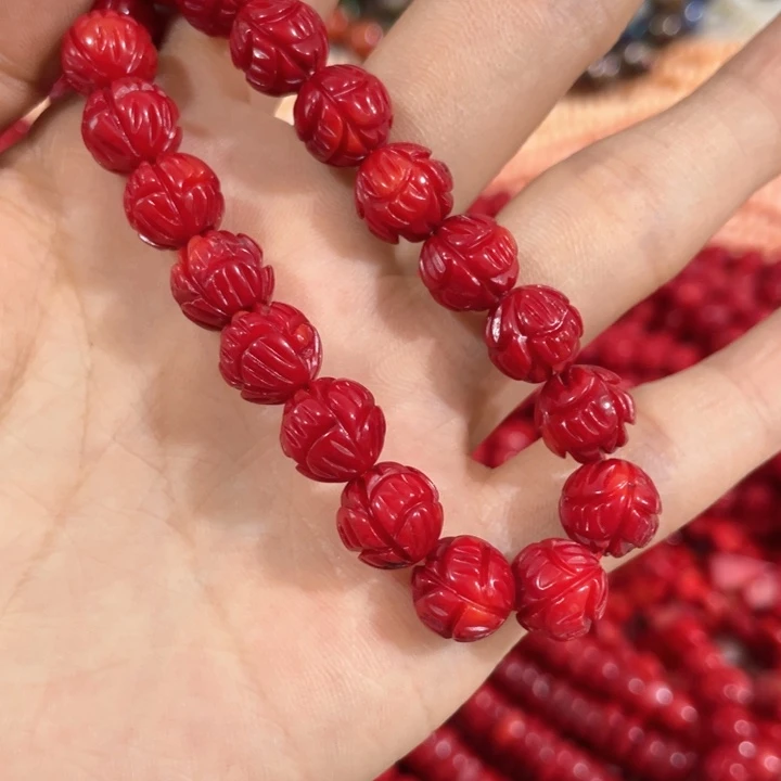 大理石磁石2颗10mm三姑娘雕刻莲花珠