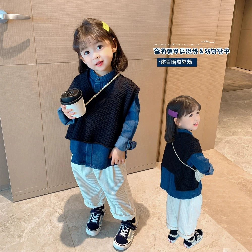 韩系女童春秋套装2025新款儿童洋气时髦针织马甲衬衫休闲裤三件套